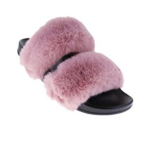 MWOT Plush Double-Band Pink Faux Fur Slide Sandals